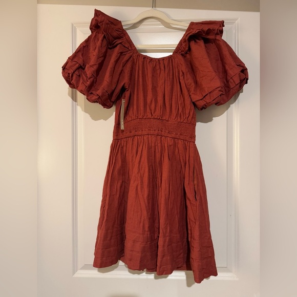 NEW Cleobella Tana Mini Dress Bubble Sleeve Brick Red Cotton Linen XS NWT - Picture 5 of 8